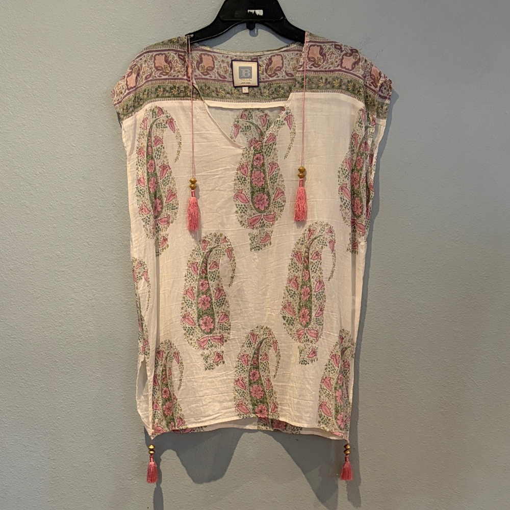 Bell By Alicia Bell Boho Pink Paisley Tassel V-Neck Women’s Top  Size L